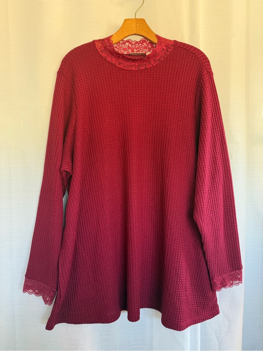 LOGO Lori Goldstein Burgundy Lace Trim Waffle Knit Tunic Top Size 2X Festive